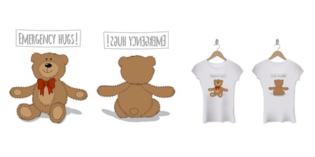 Funny t-shirt print design with teddy bear and Emergency hugs text. Vector template.のイラスト素材