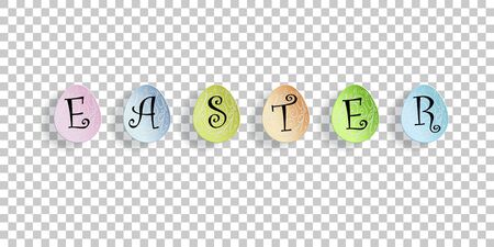 Vector Easter letters in colored easter eggs on transparent background. Greeting postcard element.のイラスト素材