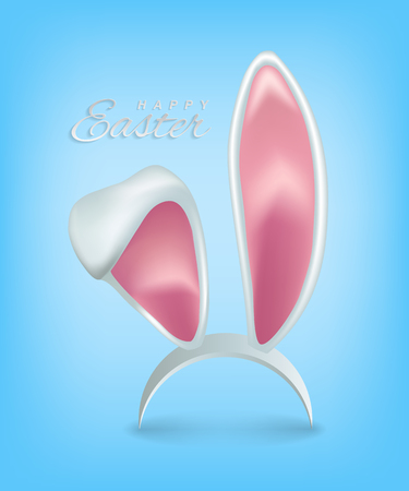 Happy Easter text with rabbit ears on light blue background. Vector Easter greeting card template.のイラスト素材