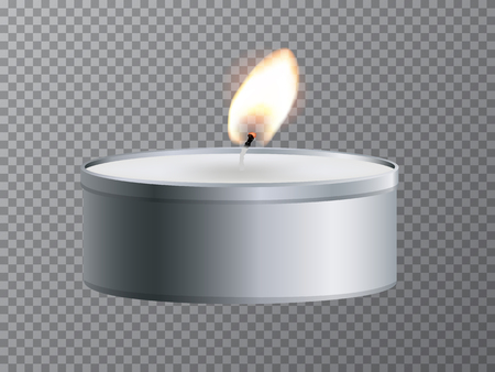 Realistic isolated tea candle with burning flame on transparent background. Vector.のイラスト素材
