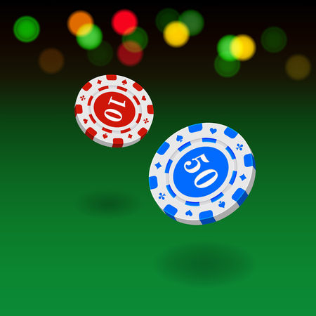 Casino background. Flying casino chips on green background. Vector illustration.のイラスト素材