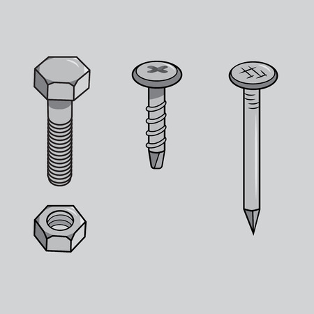 Isolated metal ware on grey background. Vector bolt, nut, screw and nail.のイラスト素材