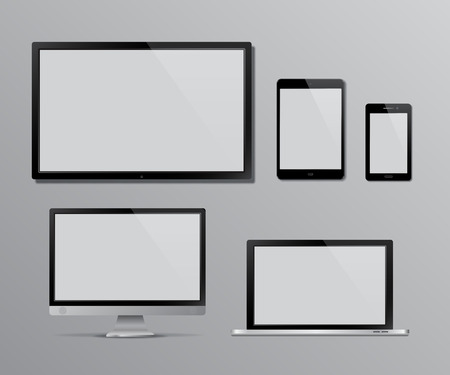 TV screen, computer monitor, notebook, tablet computer, mobile phone templates. Digital devices mock up. Vector illustration.のイラスト素材