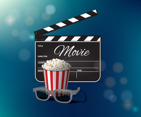 Opened clapperboard, popcorn and 3D glasses on blue background. Vector.のイラスト素材