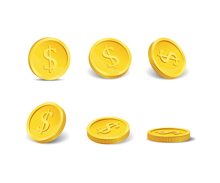 Golden casino coins in different positions isolated on white. Vector.のイラスト素材