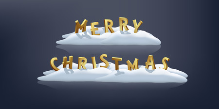 Vector three-dimensional golden sign on blue background. Merry Christmas on snow design element.のイラスト素材