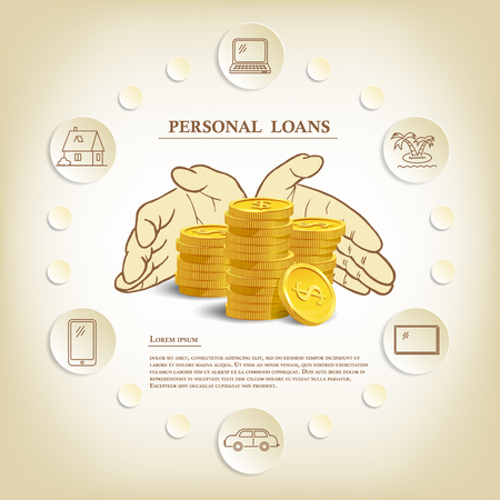 Personal loans illustration with coins and hands. Vector consumer credit marketing templateのイラスト素材