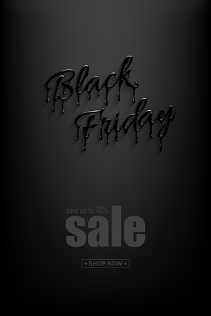 Black Friday Sale design template. Realistic Black Friday 3d lettering with black liquid droplets and discount text. Vector design for sale banners and posters.のイラスト素材