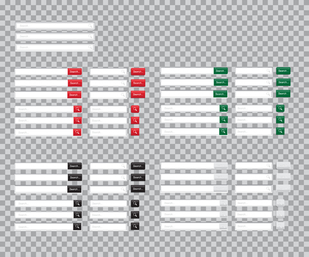 Set of Search bars isolated on transparent background. Web-surfing interface with red, green, black and white buttons. Vector template for internet searching.のイラスト素材