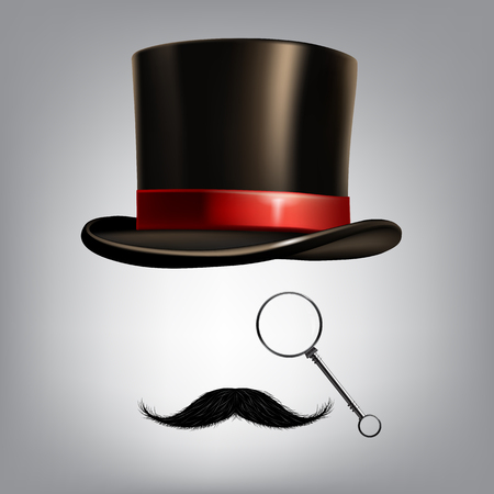 Gentleman accessories: hat cylinder, monocle and moustache. Vector illustrationのイラスト素材