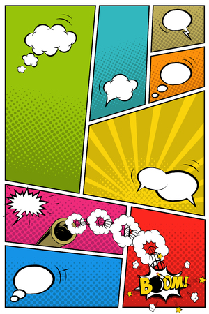 Different speech bubbles and gun on pop art background. Vector illustrationのイラスト素材