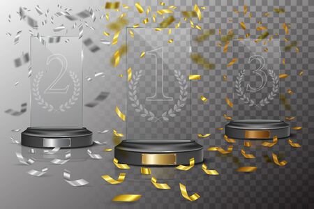 Glass golden, silver and bronze winner podium plate with falling confetti on transparent background. Vector illustrationのイラスト素材