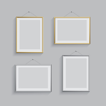 Golden and silver picture or photo frames in different positions isolated on grey background. Vector...