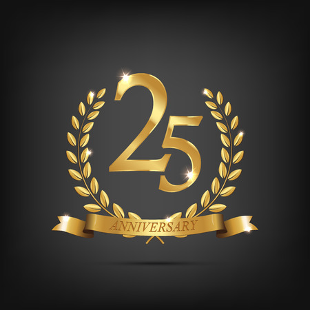 25 anniversary golden symbol. Golden laurel wreaths with ribbons and twenty fifth anniversary year symbol on dark background. Vector anniversary design element.のイラスト素材