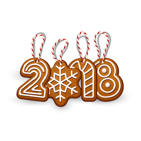 2018 New Year sign made of ginger cookies with vintage stringsisolated on white. Vector 2018 New Year design template.のイラスト素材