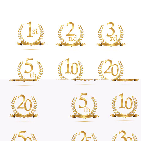 Anniversary golden symbol set. Golden laurel wreaths with ribbons and anniversary year symbols on white background. Vector anniversary design element.のイラスト素材