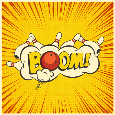 Bowling strike. Vector yellow pop art bowling illustration on a vintage background.のイラスト素材