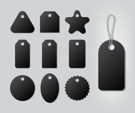 Black different shape tags with strings isolated on gray background. Vector realistic design elements.のイラスト素材