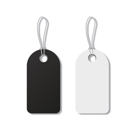 Black and white tags with strings isolated on white background. Vector realistic elements.のイラスト素材