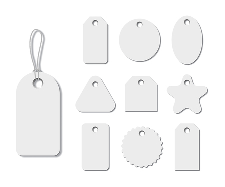White different shape tags with strings isolated on white background. Vector realistic elements.のイラスト素材