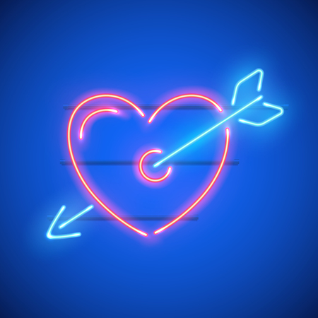 Pink heart with blue arrow neon sign. Vector realistic neon heart with arrow on blue wall.のイラスト素材