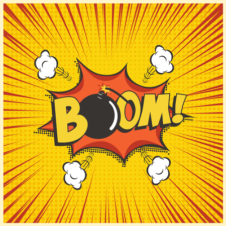 Boom comic text speech bubble with bomb. Vector isolated sound effect puff cloud iconon yellow background.のイラスト素材