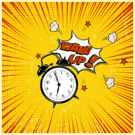 Wake up pop art illustration. Alarm clock and Wake Up text on grunge stripped backgroundのイラスト素材