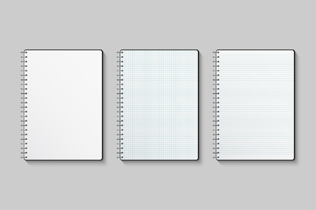 Vector notebook set. Blank, lined and squared paper notebooks isolated on gray background.のイラスト素材