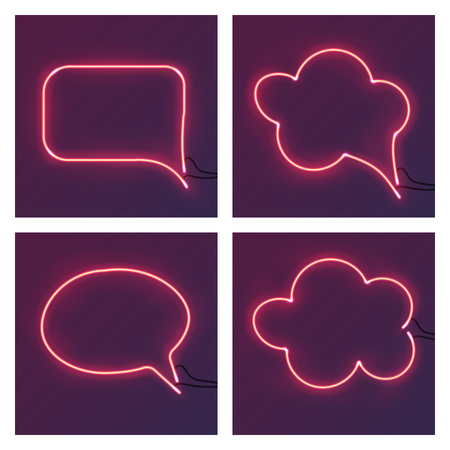 Different shape pink neon frames. Vector realistic neon star, square, circle and heart on brick wall.のイラスト素材