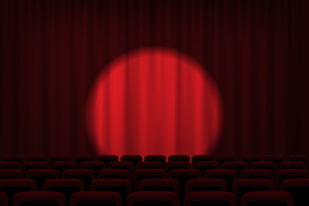 Cinema or theater stage with spotlight on red curtains and chairs. Vector theater, cinema or circus background.のイラスト素材
