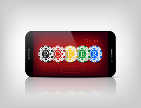 Online Poker sign template. Vector casino chips with Poker word on red smartphone display.のイラスト素材