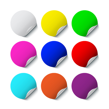 Different color round blank stickers with curled edge isolated on transparent background. Vector design element set.のイラスト素材