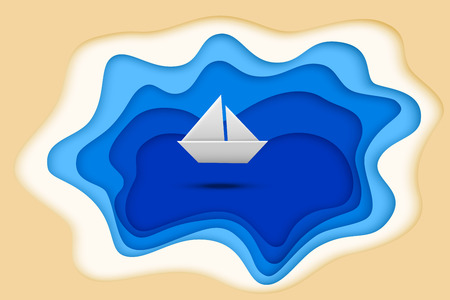 Blue paper cut lake and paper ship isolated on white background. Vector illustrationのイラスト素材