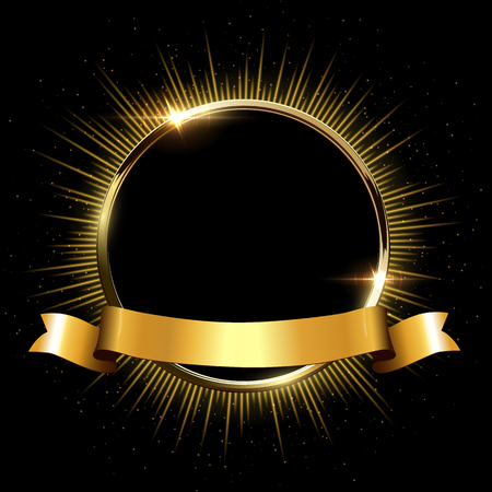 Golden sparkling ring with rays and glitter and golden ribbon isolated on black background. Vector golden frame.の写真素材