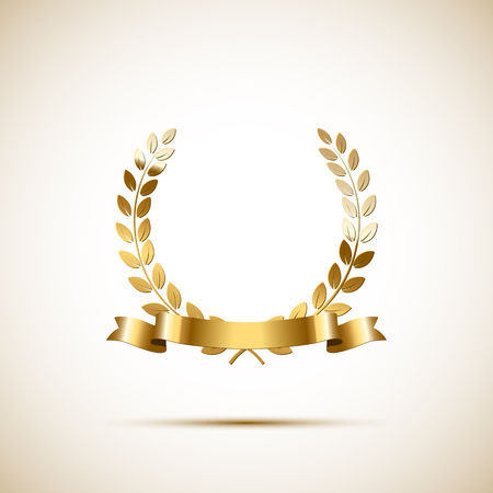 Golden laurel wreath with golden ribbon. Vector luxury design elementのイラスト素材