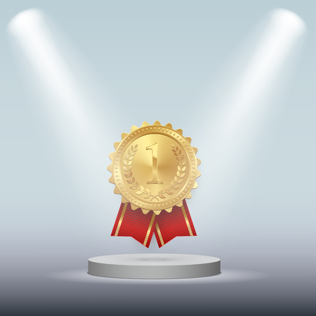 Gold medal with red ribbon isolated on white podium under spot lights. Vector design elementのイラスト素材