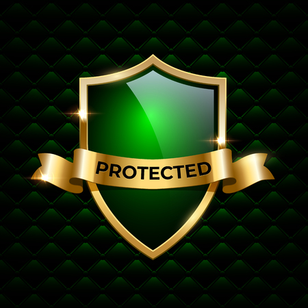 Vector green glass shield with golden frame and golden ribbon with Protected word isolated on green luxury background.のイラスト素材