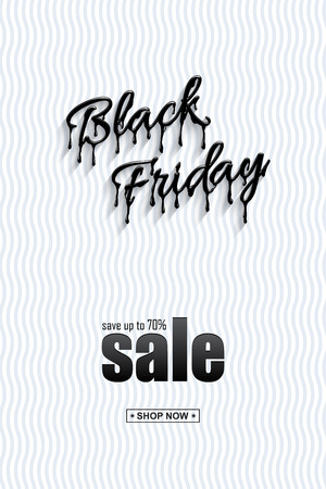 Black Friday Sale vertical design template. Realistic Black Friday 3d lettering with black liquid droplets and discount text on white textured background. Vector design for sale banners and postersのイラスト素材