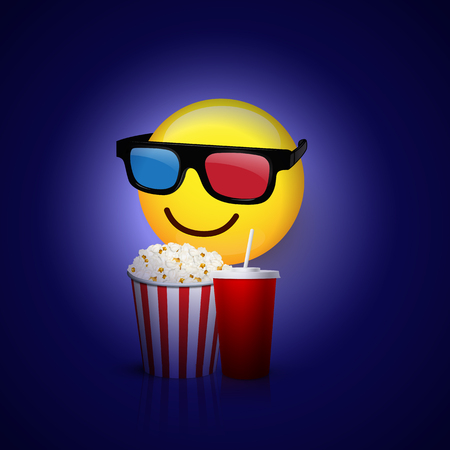 Emoji with 3D glasses, popcorn and cola isolated on blue background. Vector design element.のイラスト素材