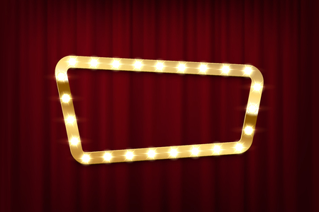 Bulb frame on red curtains background. Vector design element.のイラスト素材