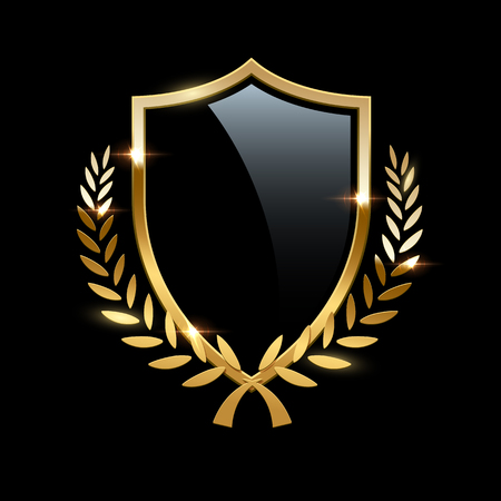 Black glass shield with golden frame and golden laurel wreath isolated on black background. Vector design element.のイラスト素材