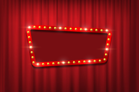 Bulb frame with empty space on red curtains background. Vector design element.のイラスト素材