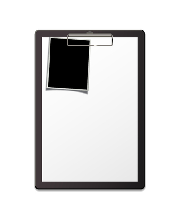 Clipboard with paper sheet and photo template. Vector questionnaire or form blank templateのイラスト素材