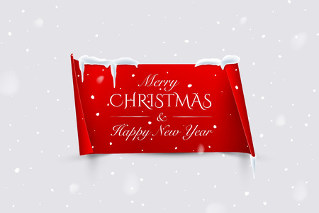 Merry Christmas and Happy New Year text on red paper with curved edges isolated on snowfall background. Vector winter holidays design templateのイラスト素材