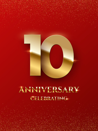 10 years anniversary celebrating design with golden color isolated on red background. Vector design illustrating.の写真素材