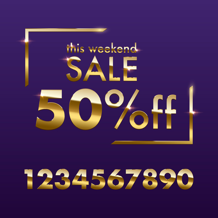 Golden Sale sign template. Vector golden This weekend Sale text with numbers for discount offer isolated on purple backgroundのイラスト素材
