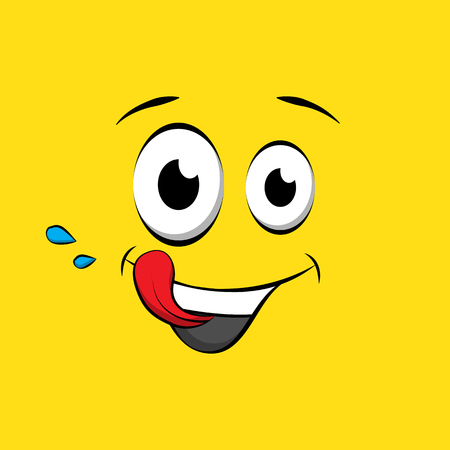 Hungry emoticon or emoji face on yellow background. Yummy yellow smiley in comic book style. Vector emoji tasty iconのイラスト素材