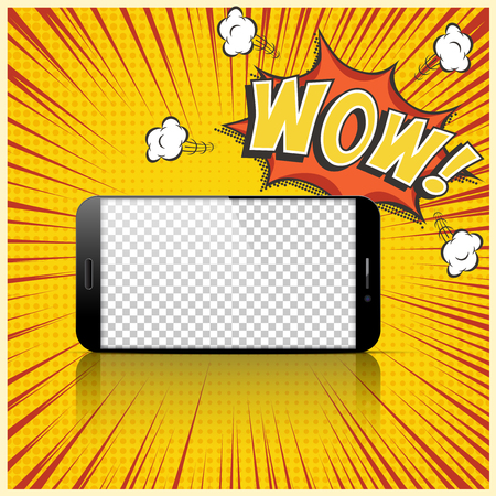 Realistic smartphone with transparent screen on comic book background with Wow speech bubble. Vector templateのイラスト素材