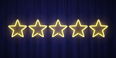 Five yellow neon stars rating design element isolated on red curtain background. Vector neon star shapes for ranking interface.のイラスト素材
