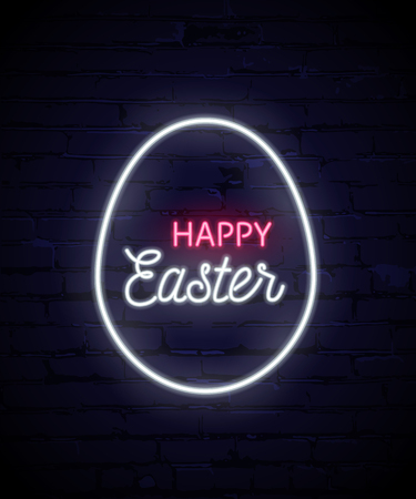 Happy Easter neon template. White neon egg and Happy Easter text isolated on dark brick background. Vector illustrationのイラスト素材